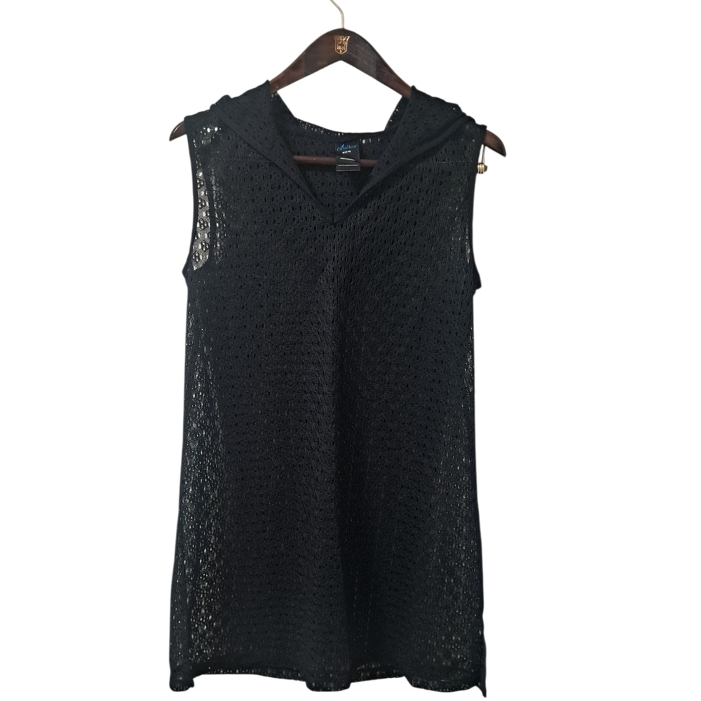 Catalina Black Hooded Swim Cover Up Tunic Size M 8–10 Sleeveless Mesh NWT